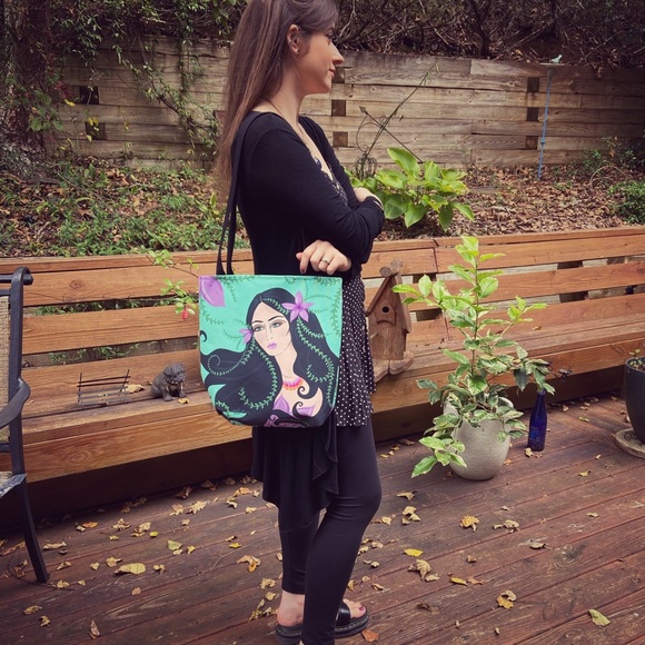 Artisan design Garden Goddess tote bag purse with lady and nature - Picture 7 of 9